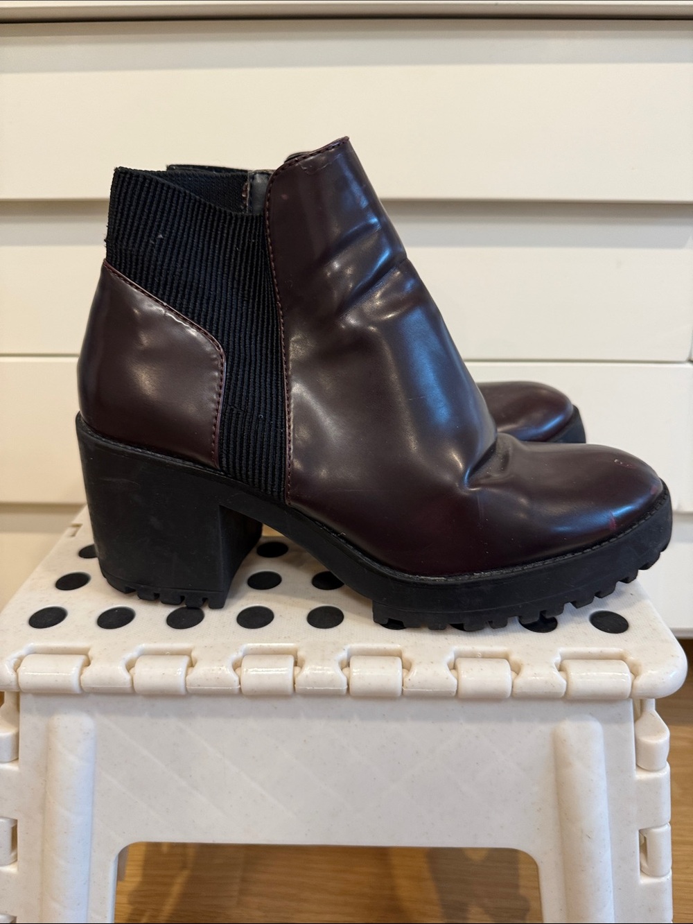 Zara Burgundy Leather Ankle Boots with Lug Sole